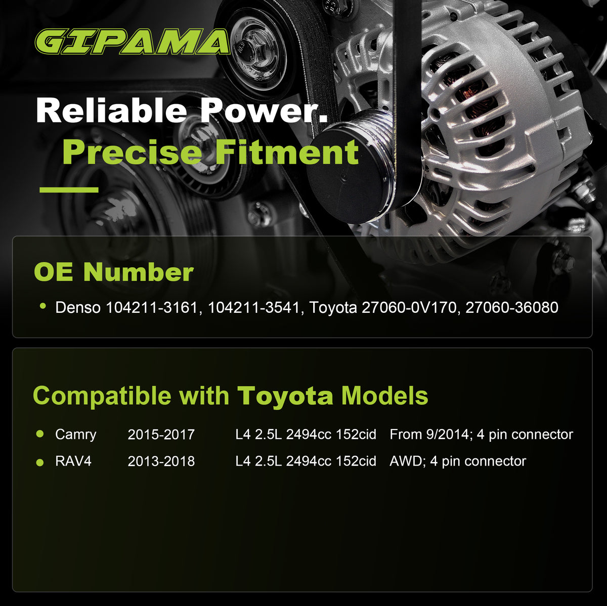 GIPAMA GALT-14486N Alternator for 2013-2018 Toyota Camry RAV4(AWD) 4-PIN