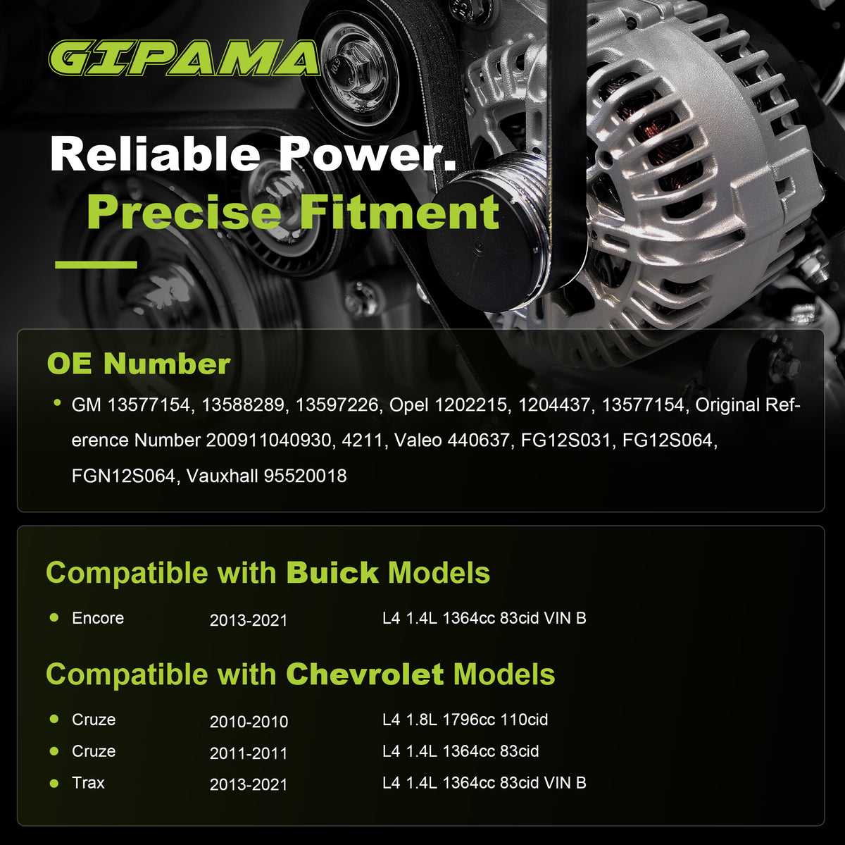 GIPAMA GALT-11399N Alternator for Buick 2013-2021, Chevy Cruze 2010-2011