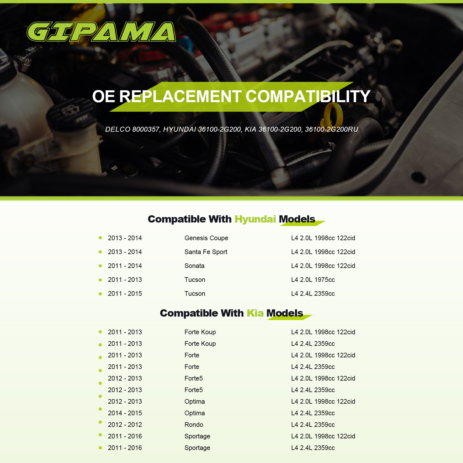 GIPAMA Starter for Kia Forte/Forte Koup/Forte5/Optima/Sportage, for Hyundai Genesis Coupe/Santa Fe Sport/Sonata/Tucson 2011-2016 L4 2.0L 2.4L, (6974N)