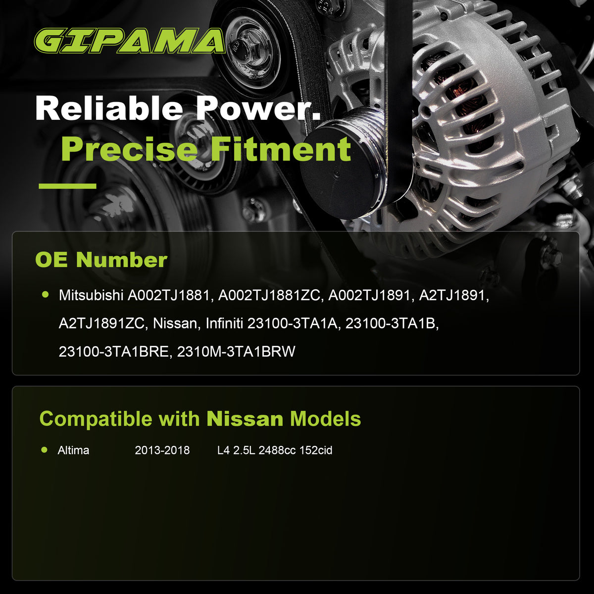 GIPAMA GALT-11657N Alternator for Nissan Altima 2.5L 2013-2018 110A