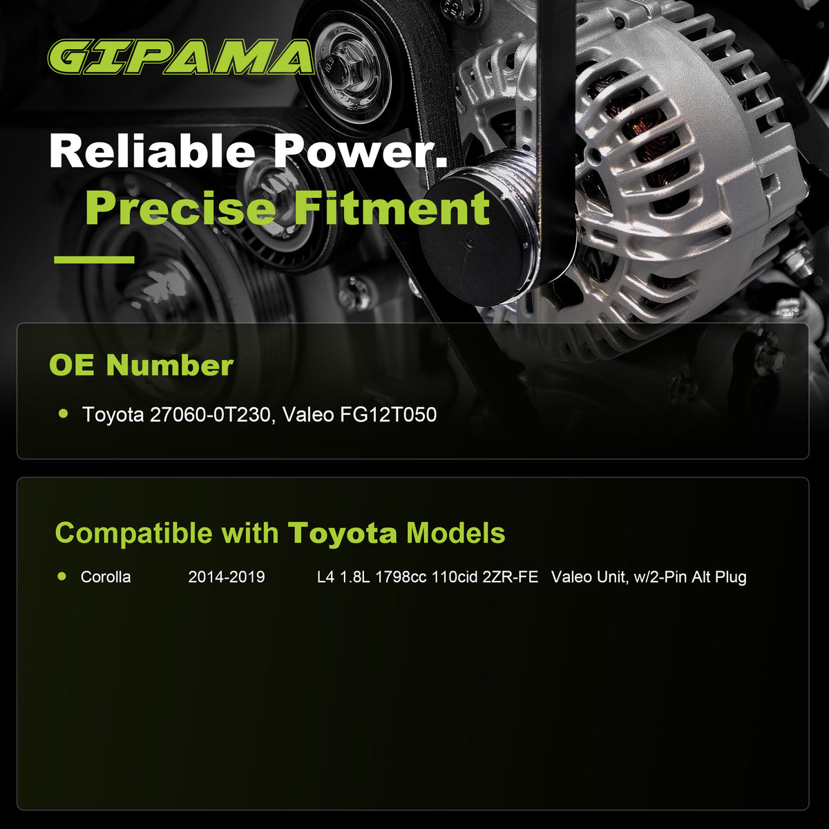 GIPAMA GALT-11693N Alternator for Toyota Corolla 2014-2019 L4 2ZR-FE 2-Pin