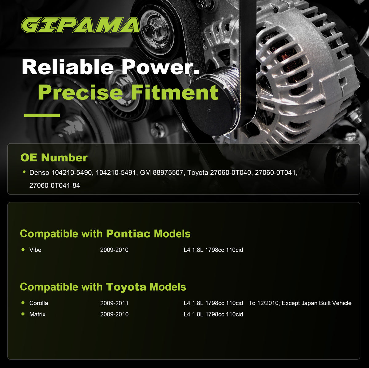 GIPAMA GALT-11385N Alternator for Pontiac Toyota 2009-2011 1.8L 100A