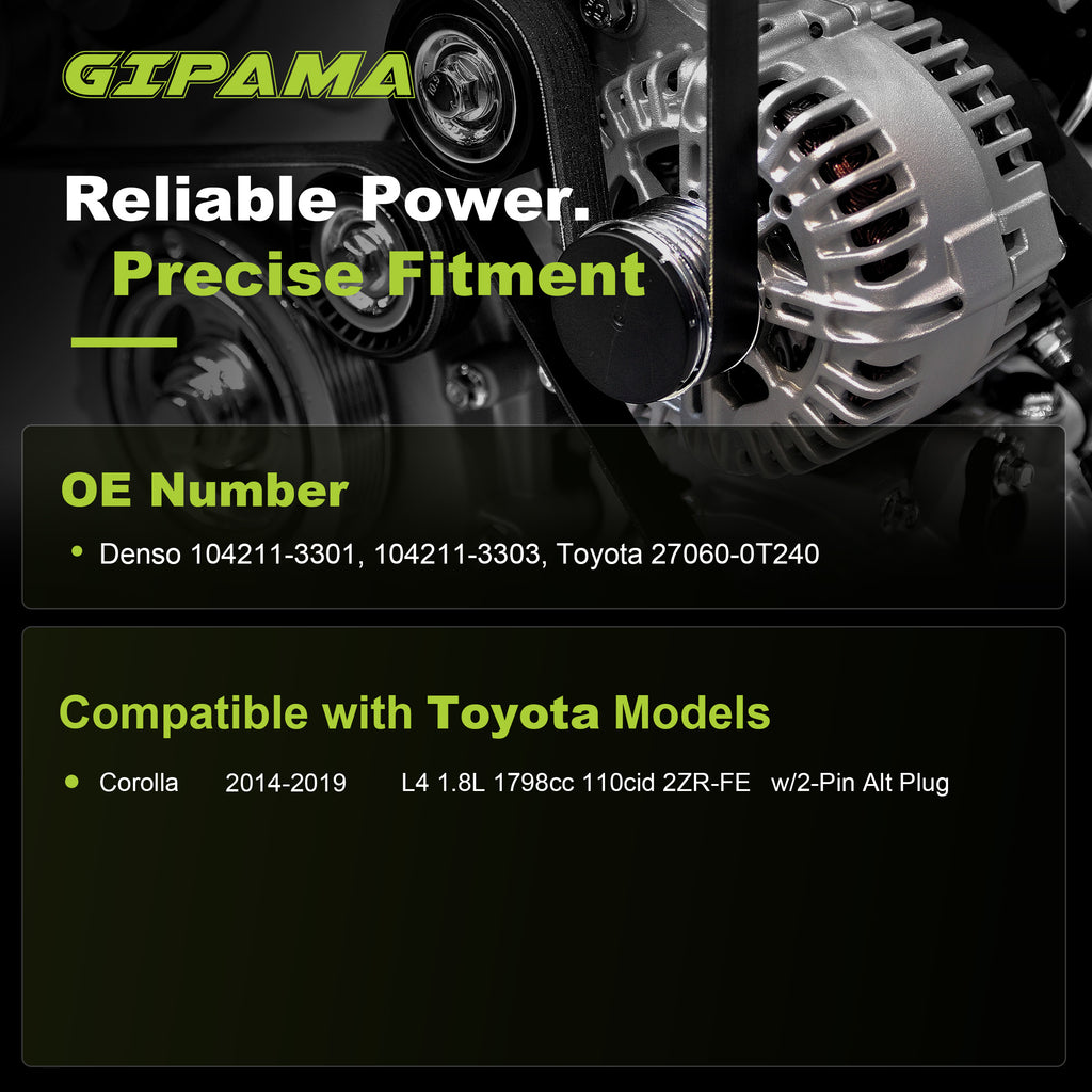 GIPAMA GALT-11776N Alternator for 2014-2019 Toyota Corolla 2-PIN Plug 125A