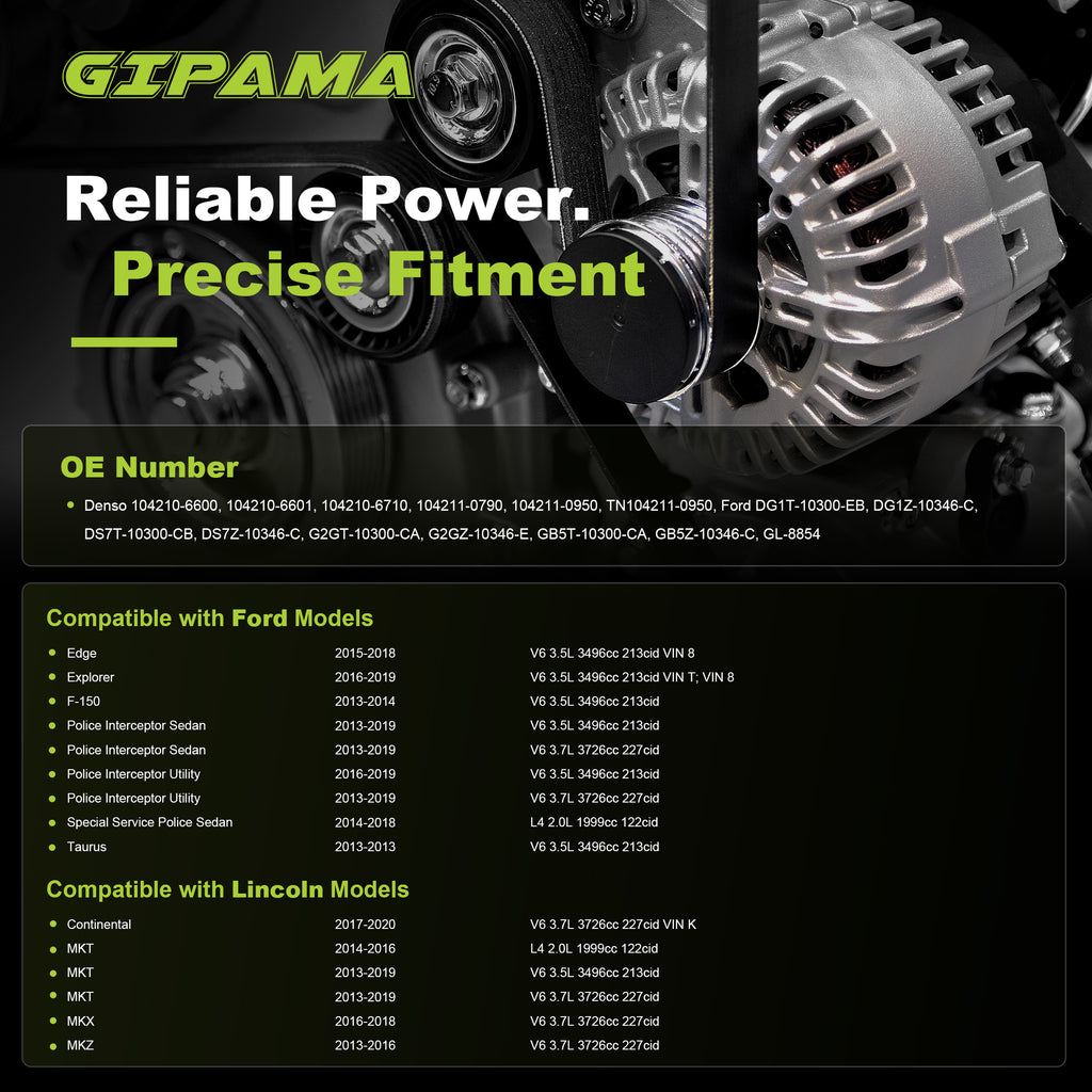 GIPAMA GALT-11629N Alternator for Ford 2013-2019, Lincoln 2013-2020 225A
