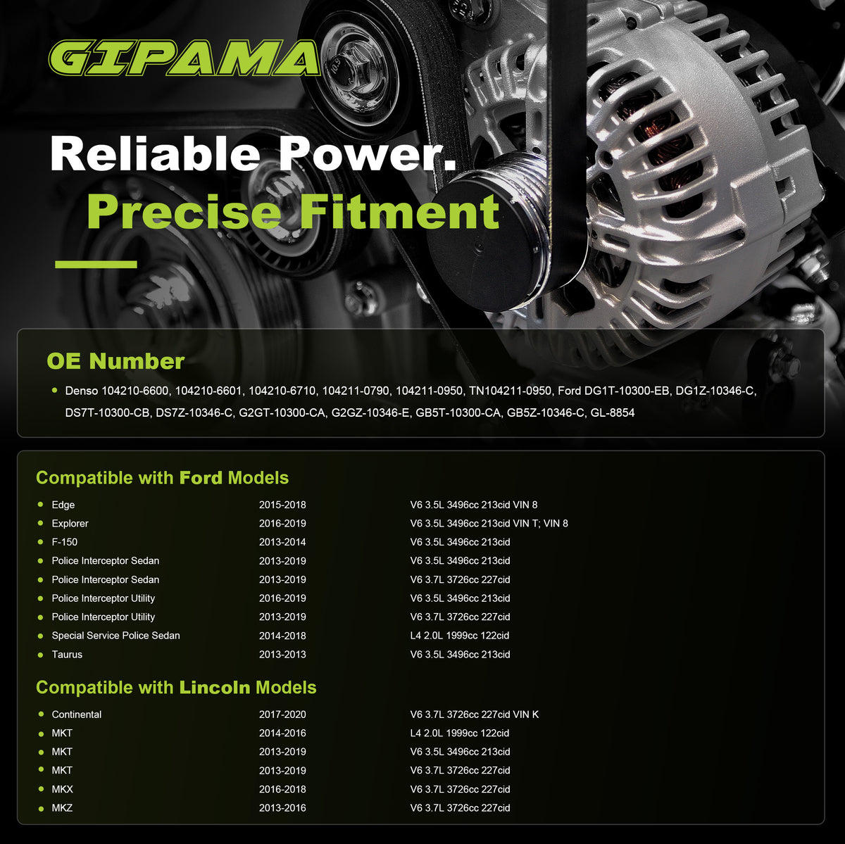 GIPAMA GALT-11629N Alternator for Ford 2013-2019, Lincoln 2013-2020 225A