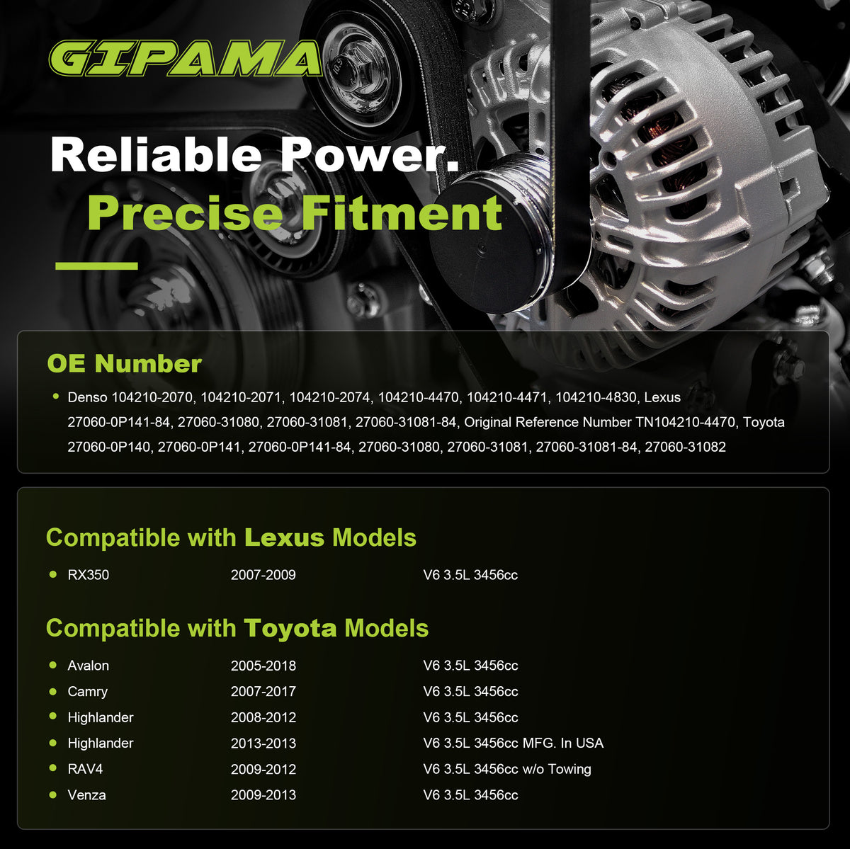 GIPAMA GALT-11136N Alternator for Lexus 2007-2009 ,Toyota 2005-2018 V6 100A