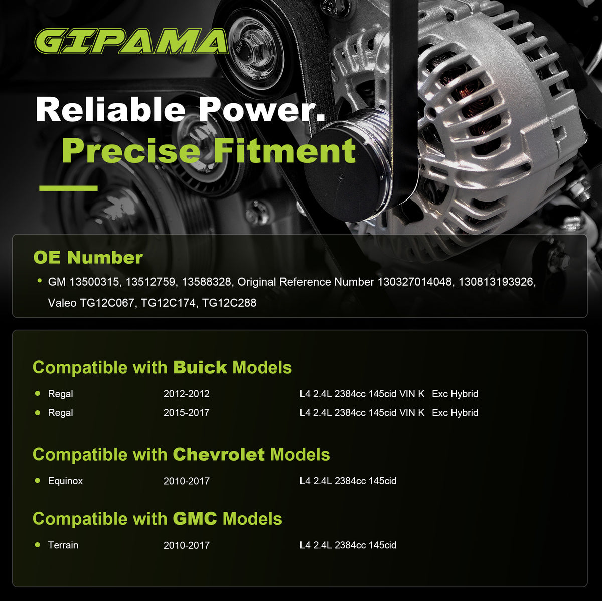 GIPAMA GALT-11459N Alternator for Buick Chevrolet GMC 2.4L 2010-2017 125A