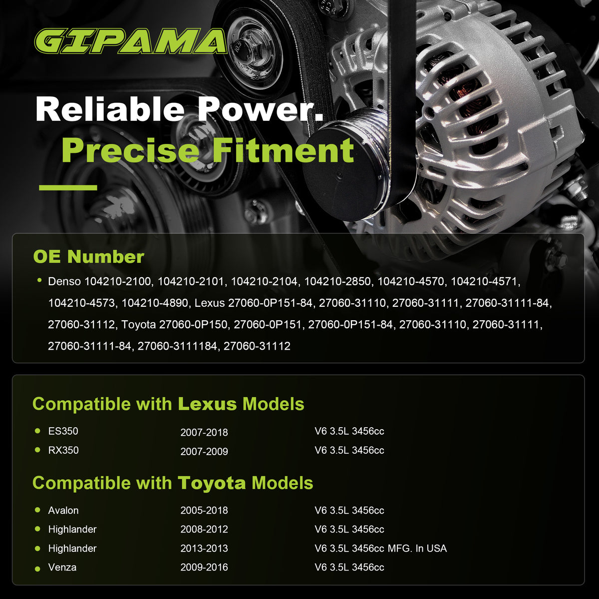 GIPAMA GALT-11137N Alternator for Lexus 2007-2018, Toyota 2005-2018 V6 130A
