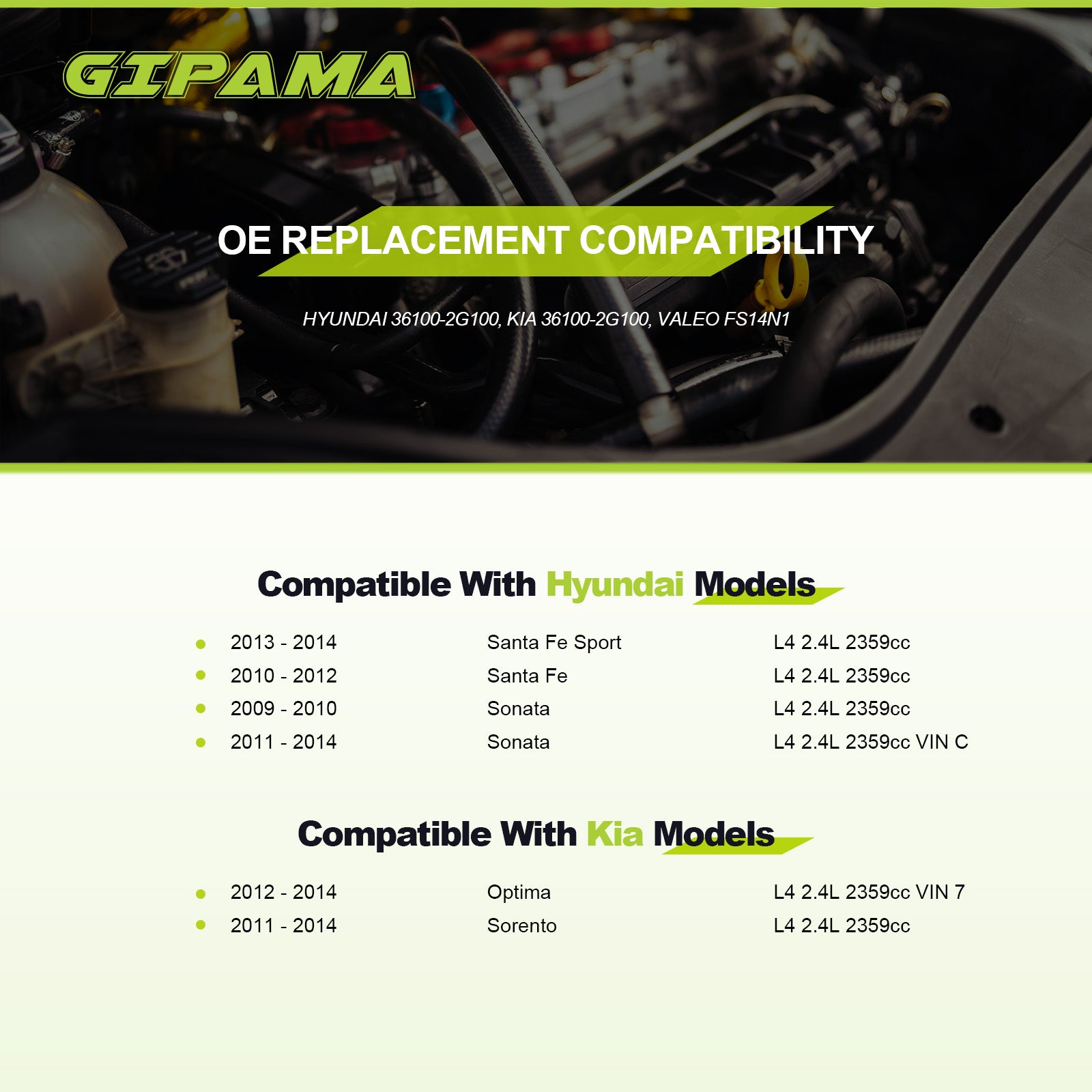 GIPAMA Starter for 09-14 Hyundai Sonata, 10-14 Santa Fe Sport, 12-14 Kia Optima, 11-14 Sorento, L4 2.4L（19090N)