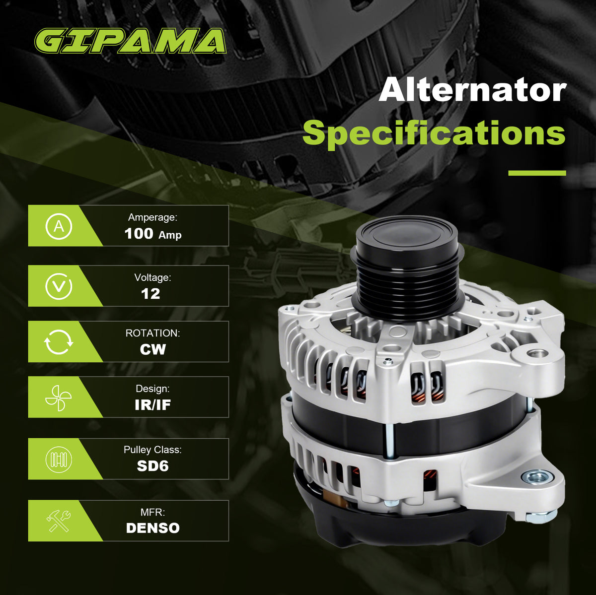 GIPAMA GALT-11385N Alternator for Pontiac Toyota 2009-2011 1.8L 100A