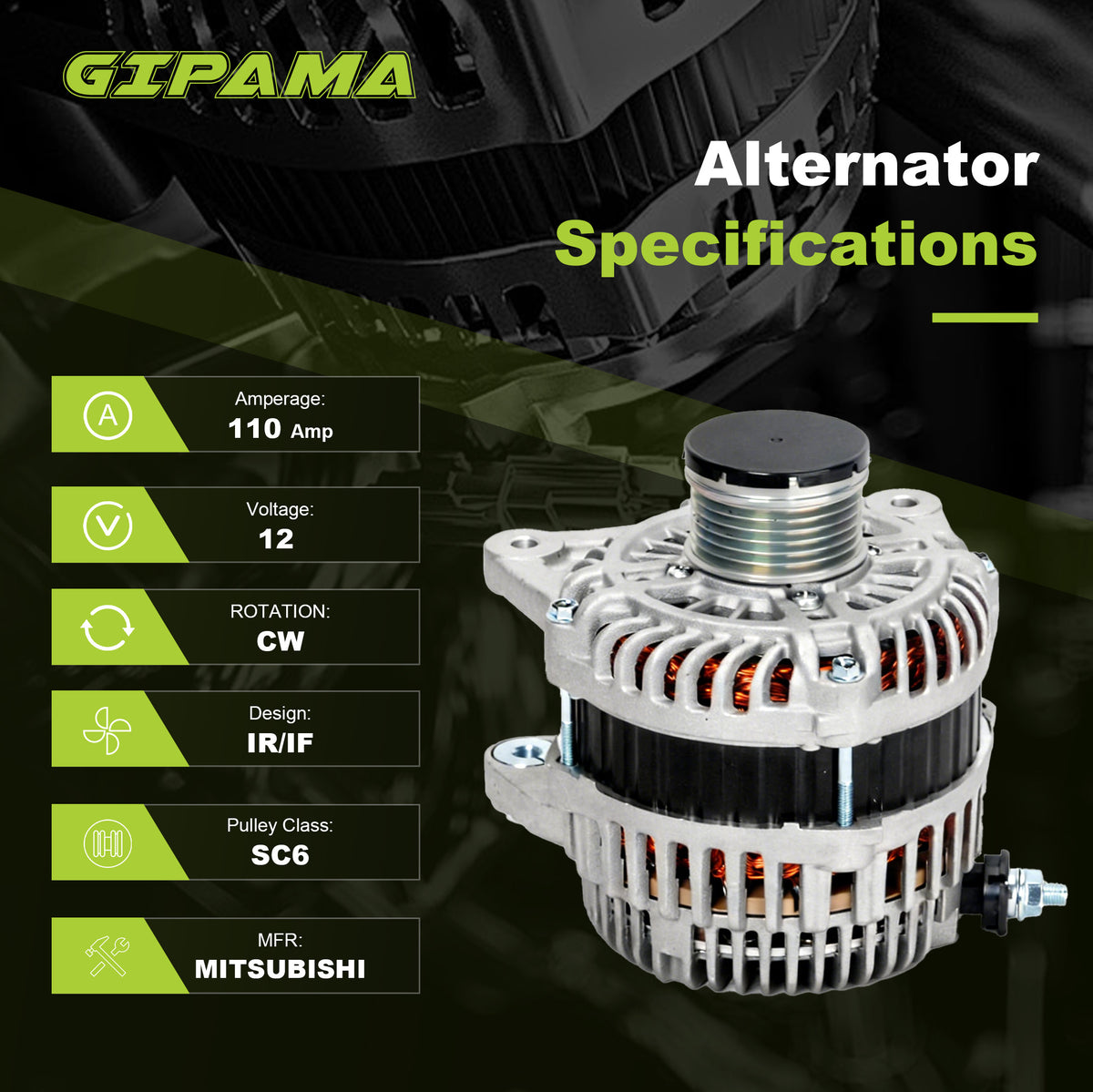 GIPAMA GALT-11657N Alternator for Nissan Altima 2.5L 2013-2018 110A