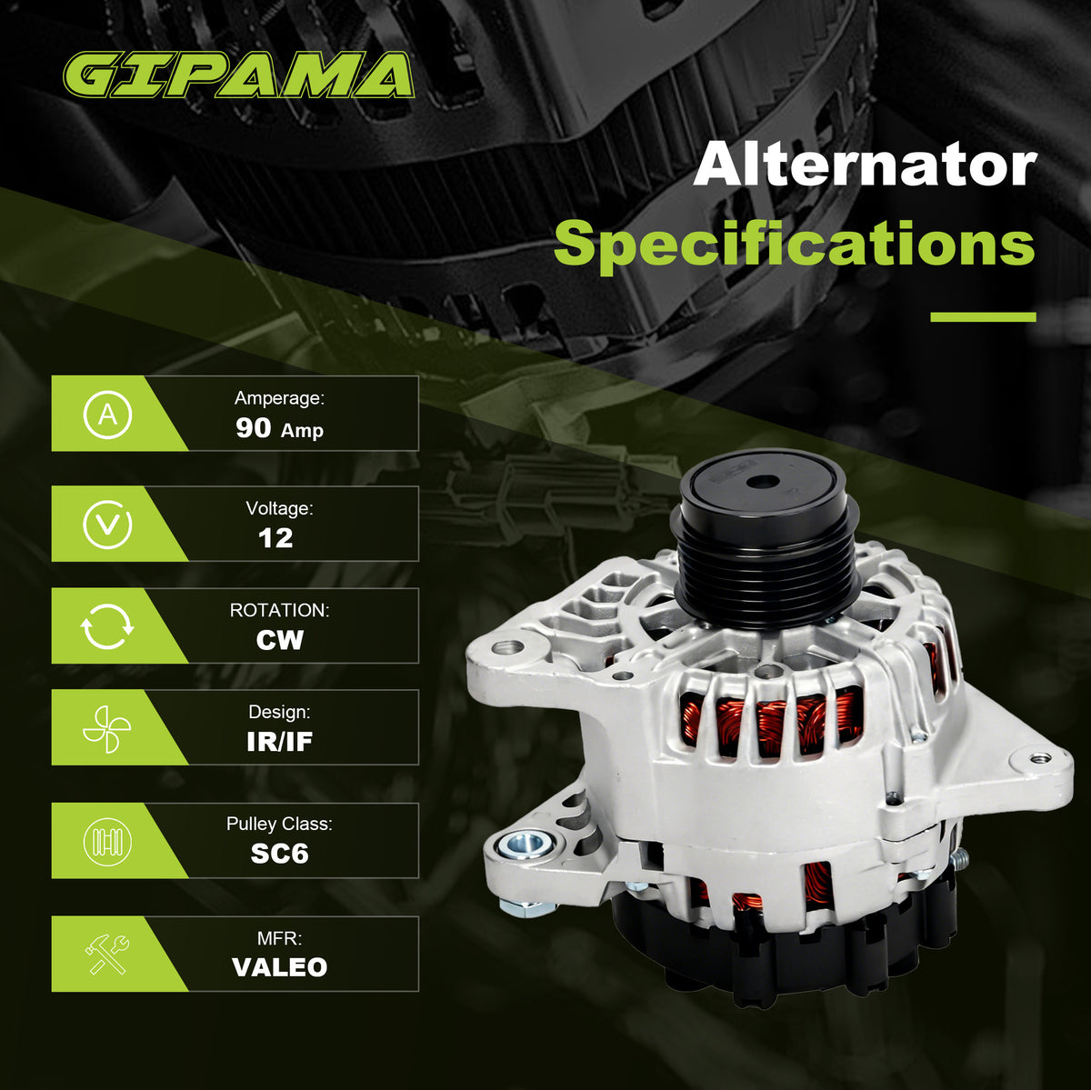 GIPAMA GALT-11610N Alternator for Hyundai 2011-2017, Kia 2012-2016  90A