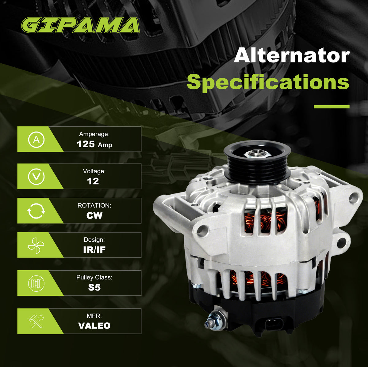 GIPAMA GALT-11459N Alternator for Buick Chevrolet GMC 2.4L 2010-2017 125A